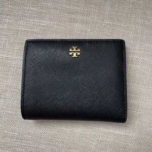Tory Burch Black Leather Compact Wallet with Gold Double-T Emblem